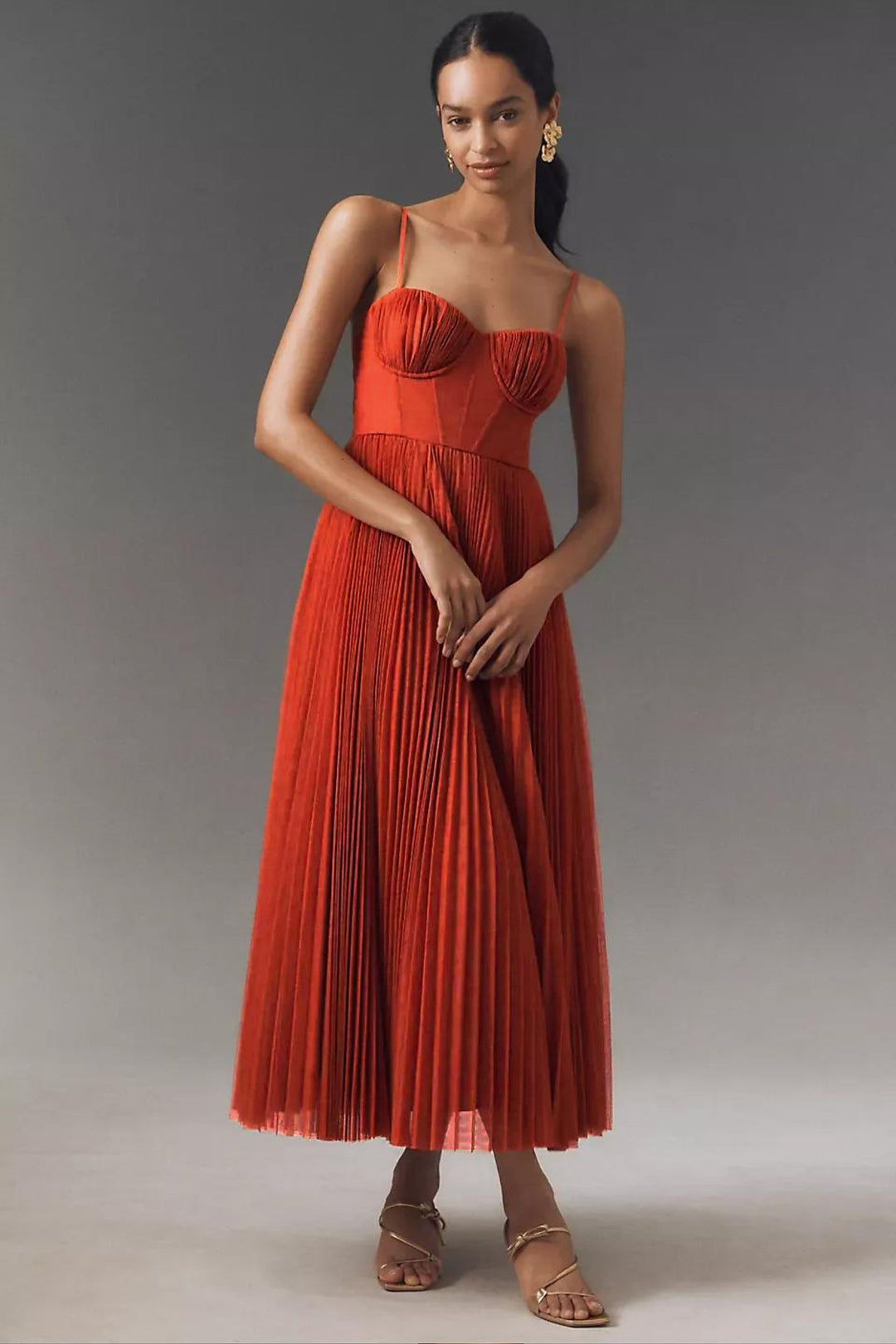 Dames Geplooide Bustier Midi-jurk Spaghettibandjes - Orange