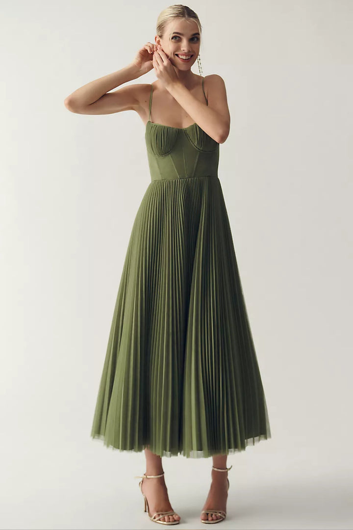 Dames Geplooide Bustier Midi-jurk Spaghettibandjes