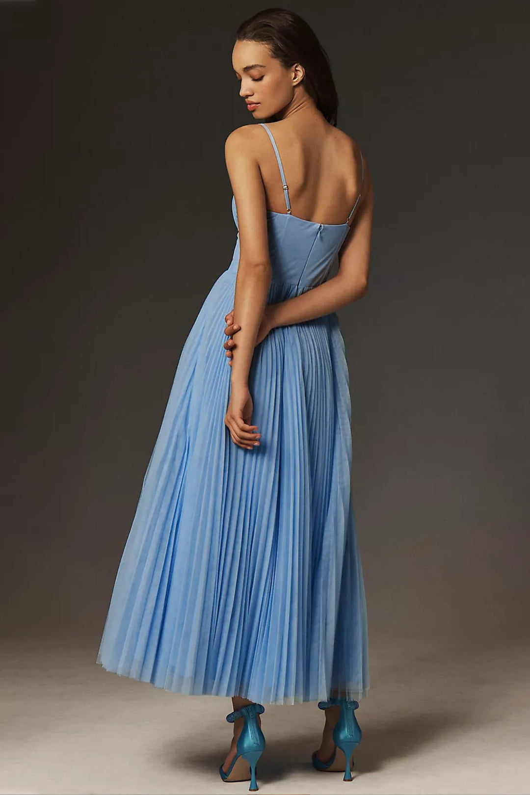 Dames Geplooide Bustier Midi-jurk Spaghettibandjes