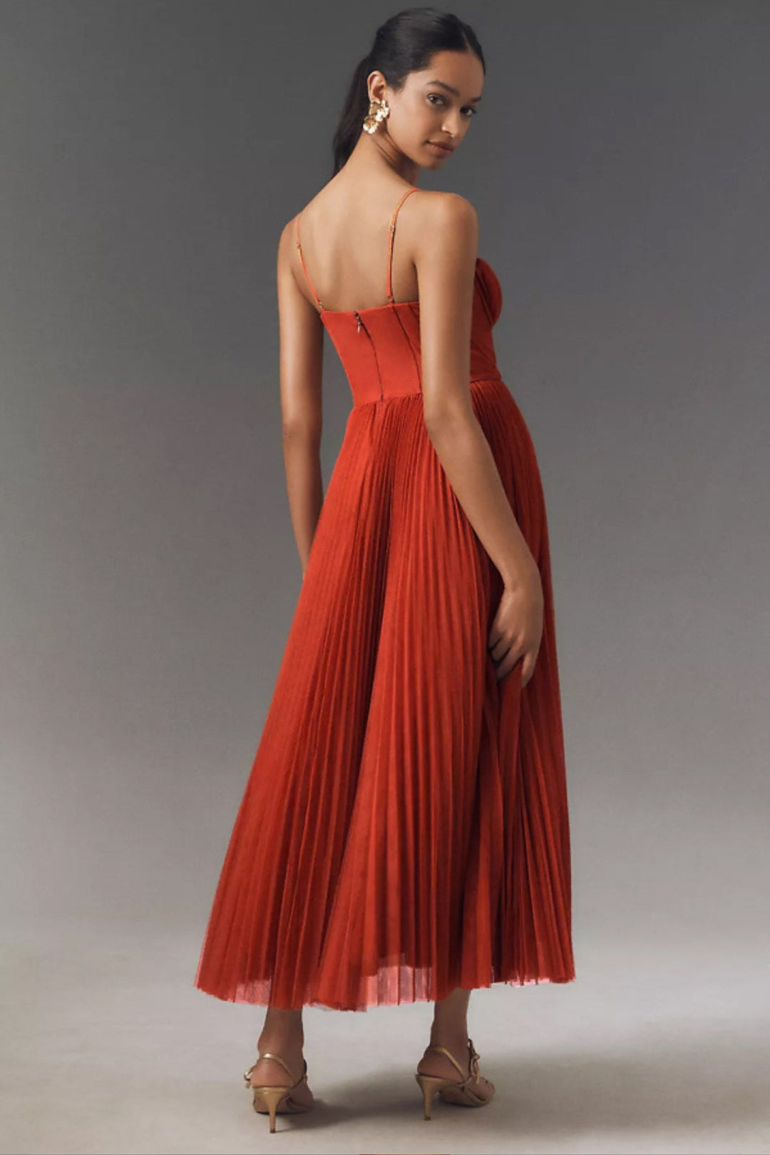 Dames Geplooide Bustier Midi-jurk Spaghettibandjes