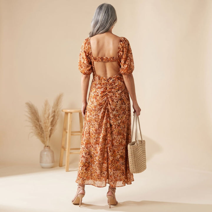 Dames Geplooide Chiffon Midi-jurk Korte Ruches Mouwen Voorste Split