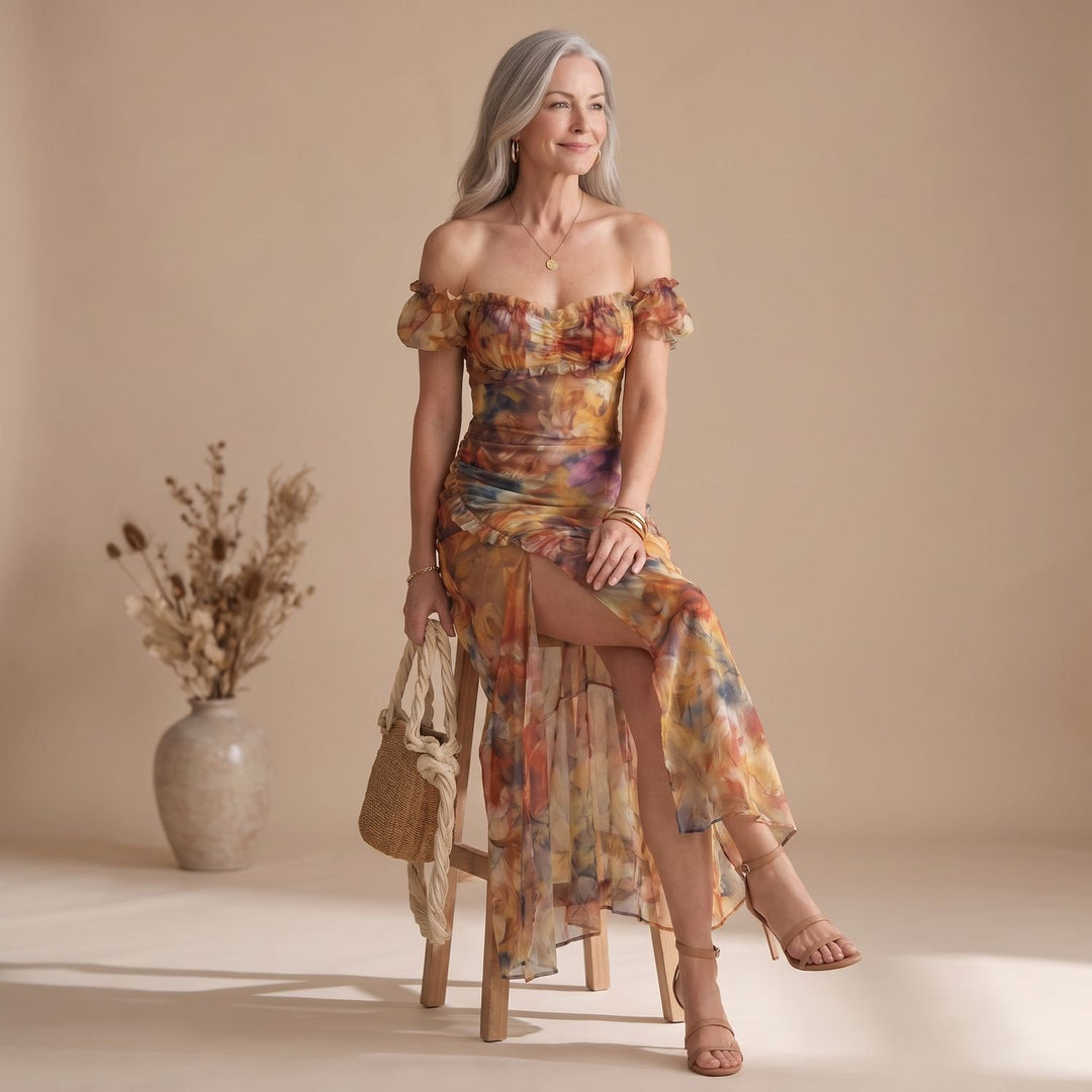 Dames Geplooide Chiffon Midi-jurk Korte Ruches Mouwen Voorste Split