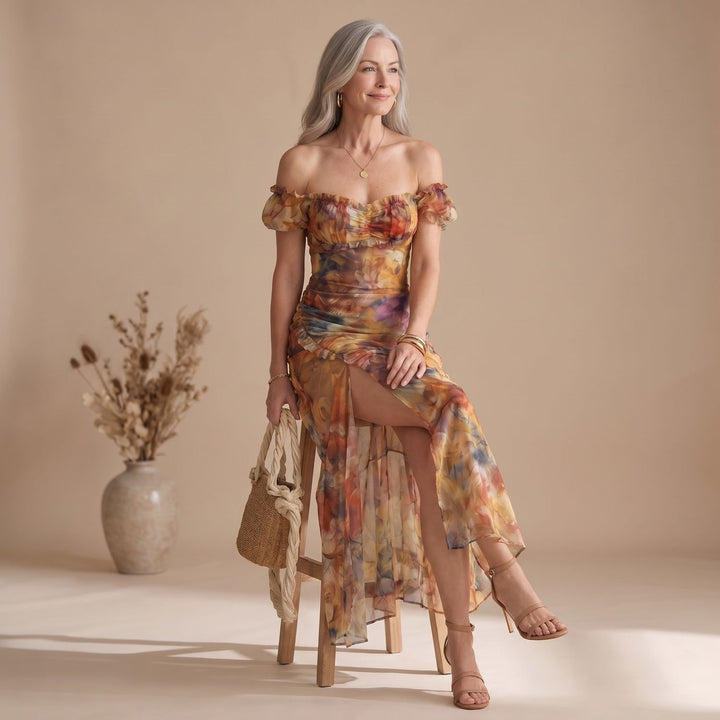 Dames Geplooide Chiffon Midi-jurk Korte Ruches Mouwen Voorste Split