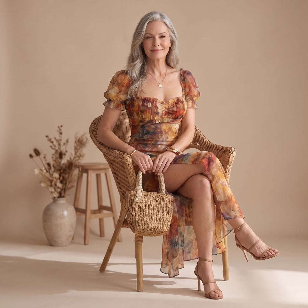 Dames Geplooide Chiffon Midi-jurk Korte Ruches Mouwen Voorste Split