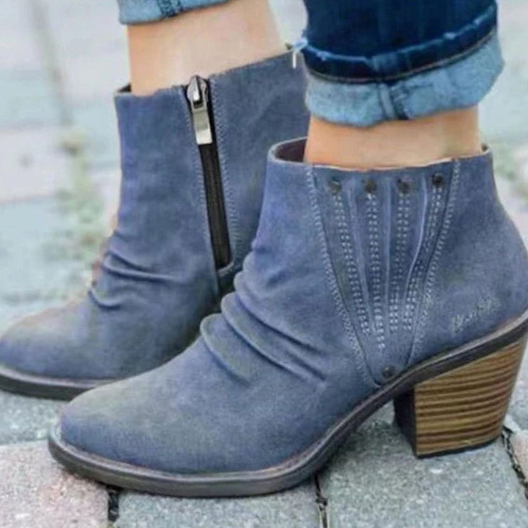 Dames Geplooide Enkellaars met Blokhak en Rits - Blauw