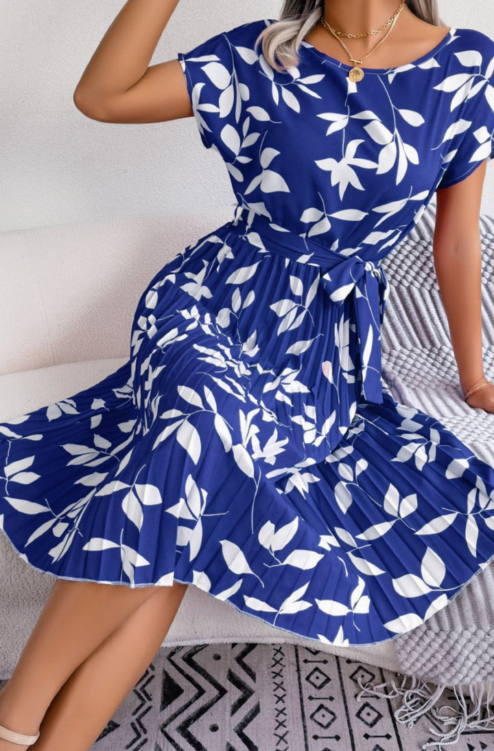 Dames Geplooide Hoge Taille Bladerenprint Midi Jurk