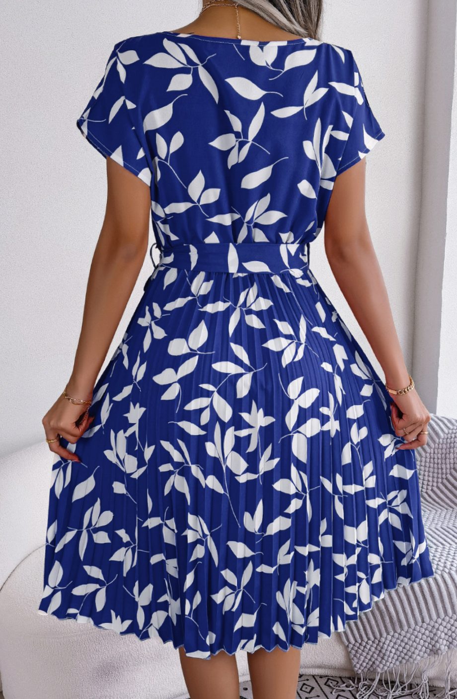 Dames Geplooide Hoge Taille Bladerenprint Midi Jurk