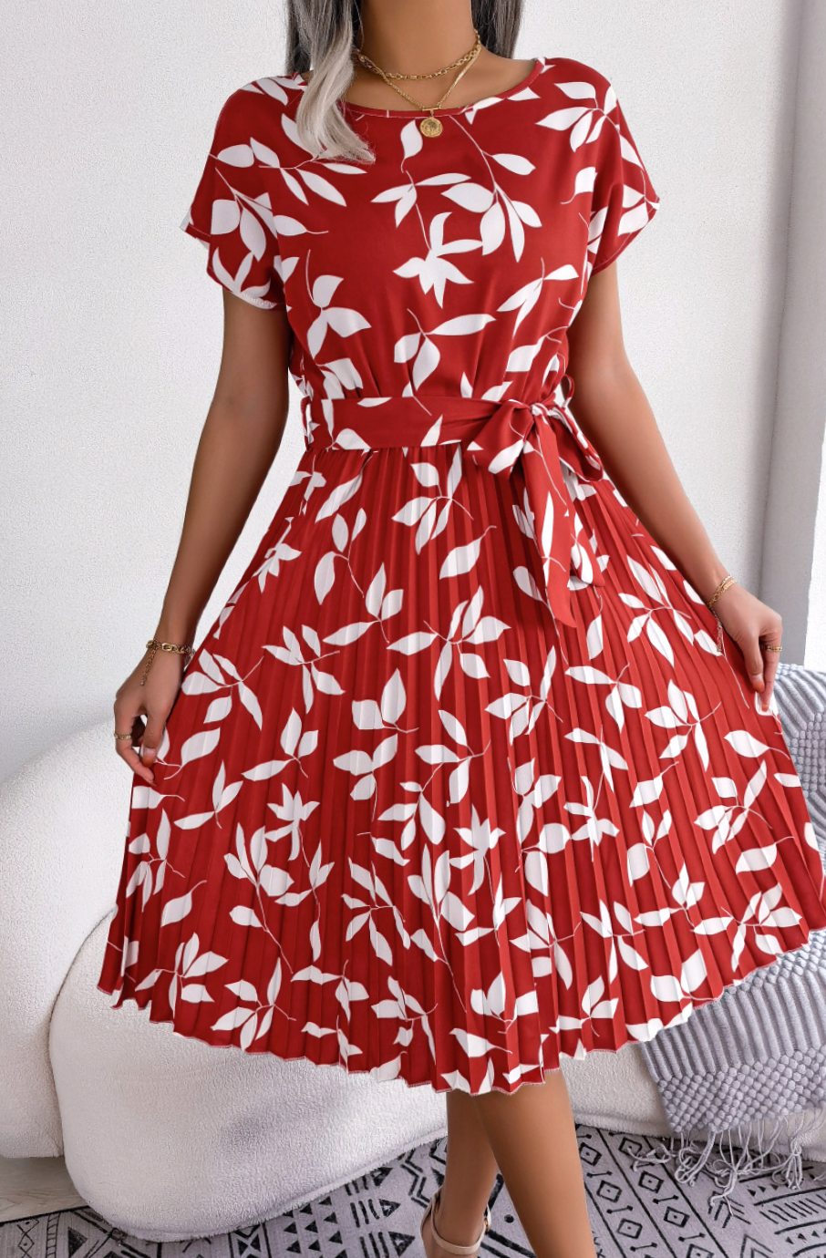 Dames Geplooide Hoge Taille Bladerenprint Midi Jurk