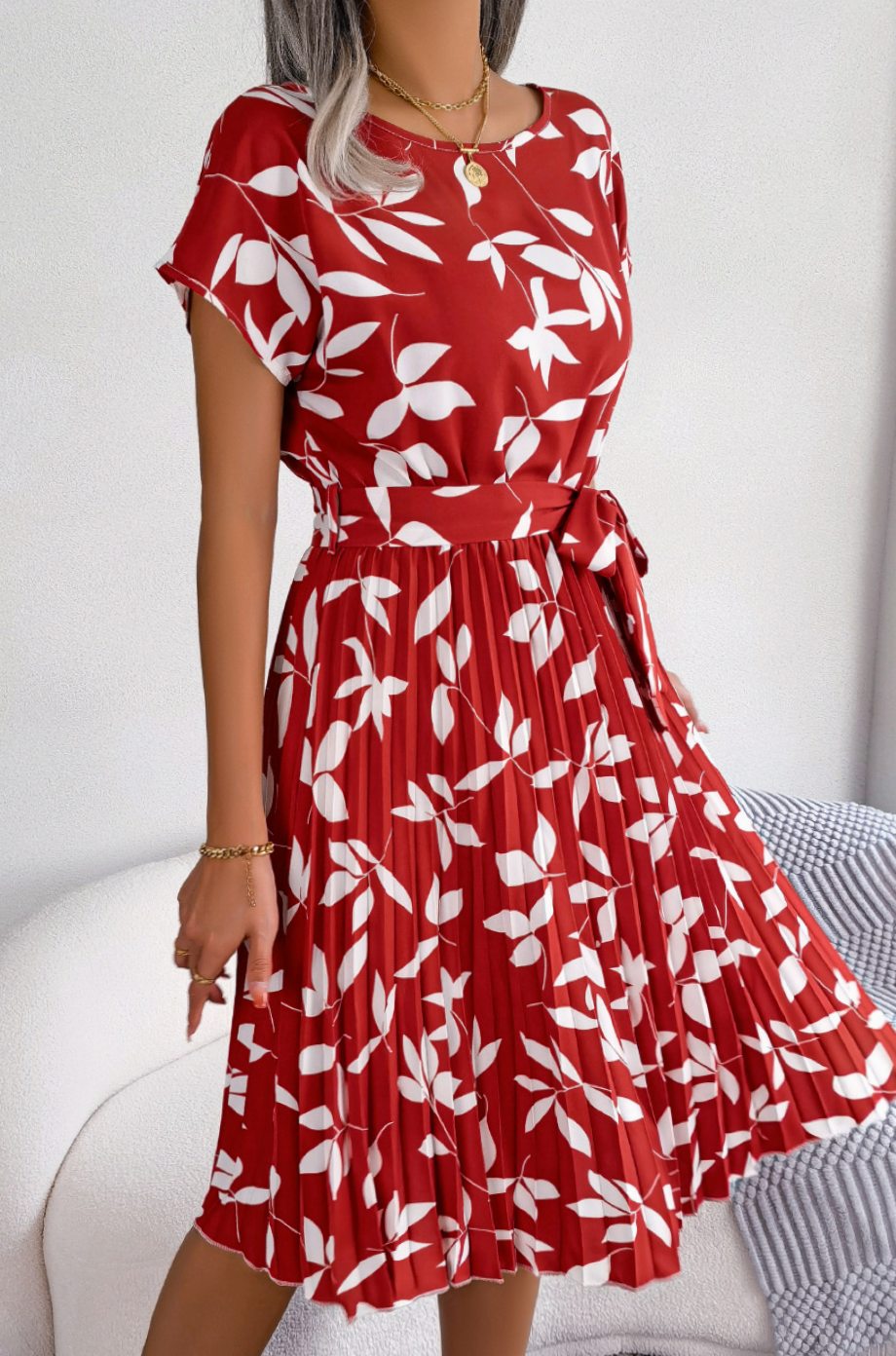 Dames Geplooide Hoge Taille Bladerenprint Midi Jurk