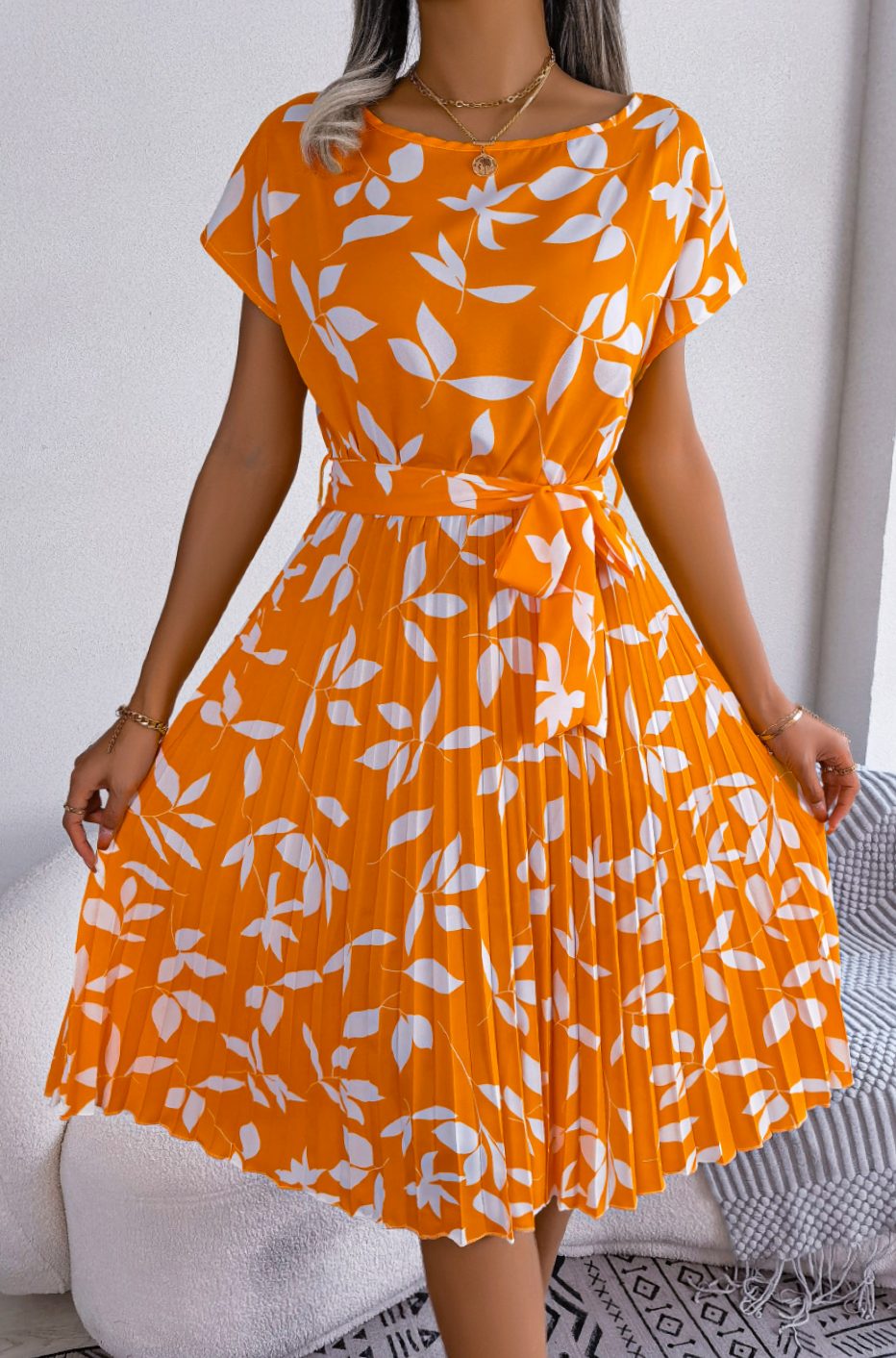 Dames Geplooide Hoge Taille Bladerenprint Midi Jurk