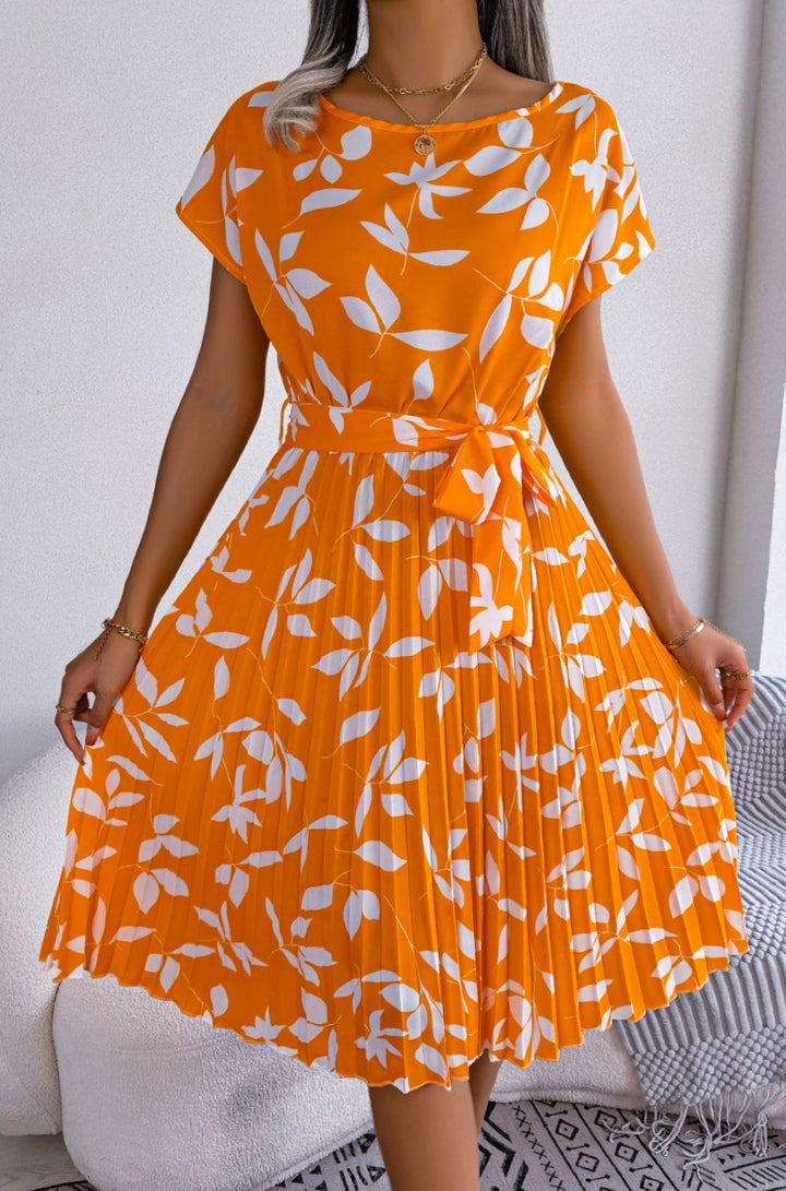 Dames Geplooide Hoge Taille Bladerenprint Midi Jurk