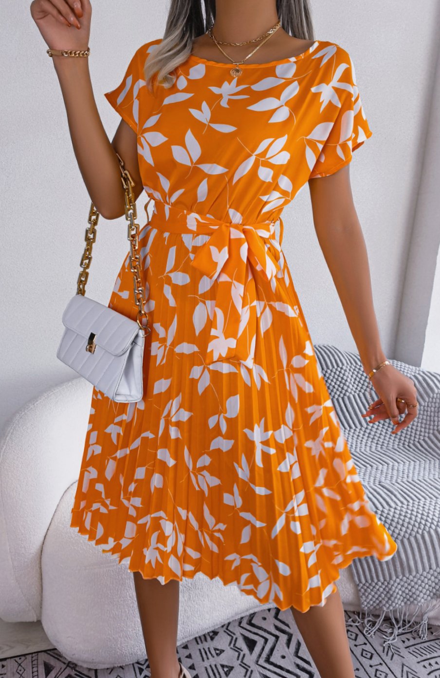 Dames Geplooide Hoge Taille Bladerenprint Midi Jurk