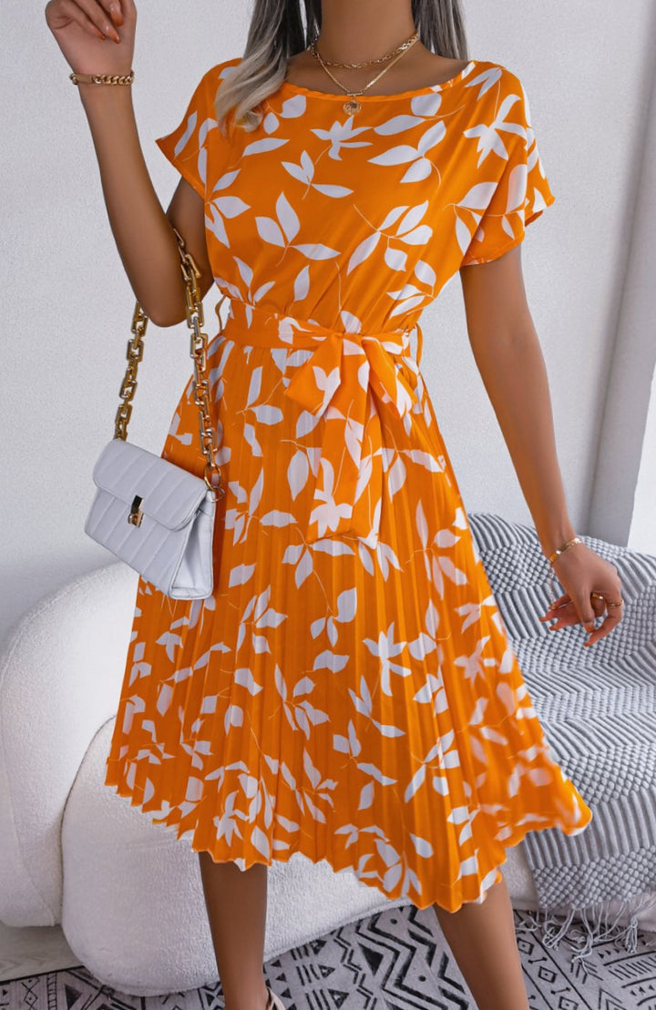 Dames Geplooide Hoge Taille Bladerenprint Midi Jurk