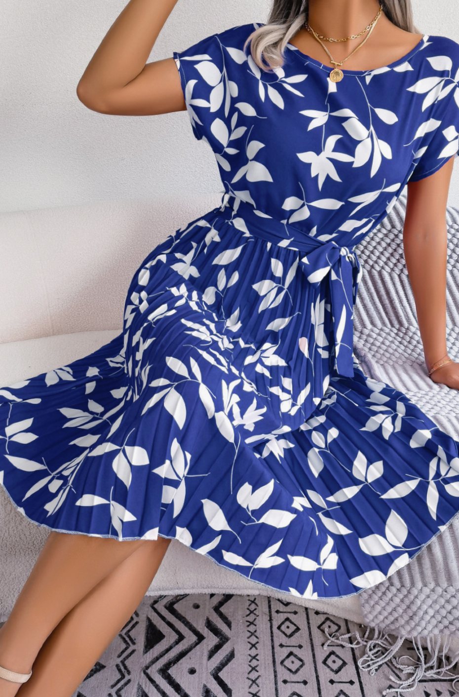 Dames Geplooide Hoge Taille Bladerenprint Midi Jurk - Blauw