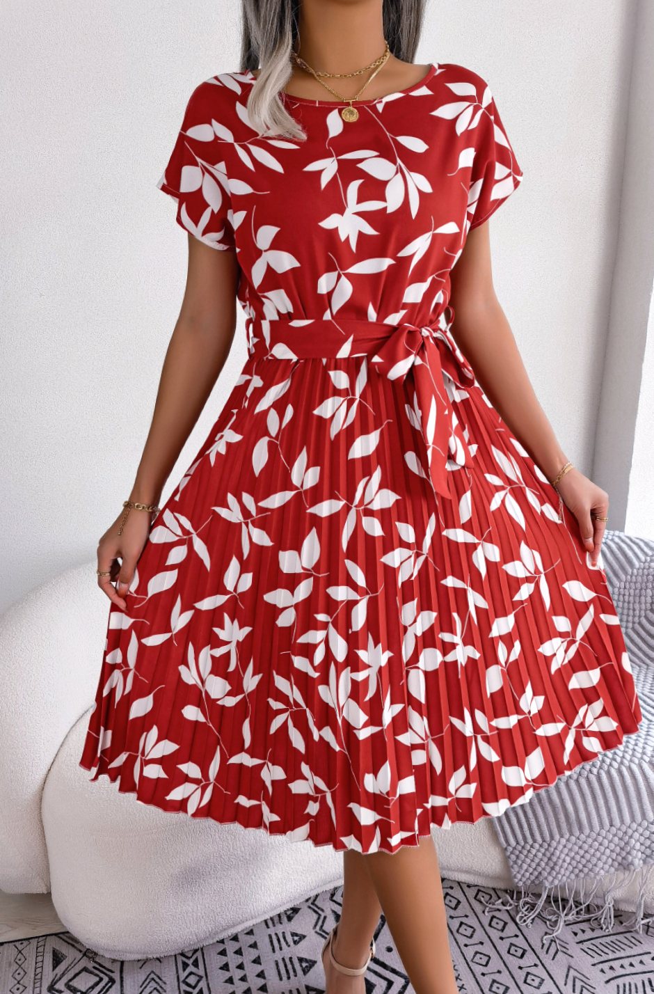 Dames Geplooide Hoge Taille Bladerenprint Midi Jurk - Rood