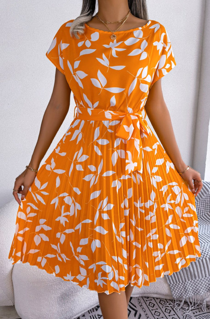 Dames Geplooide Hoge Taille Bladerenprint Midi Jurk - Geel