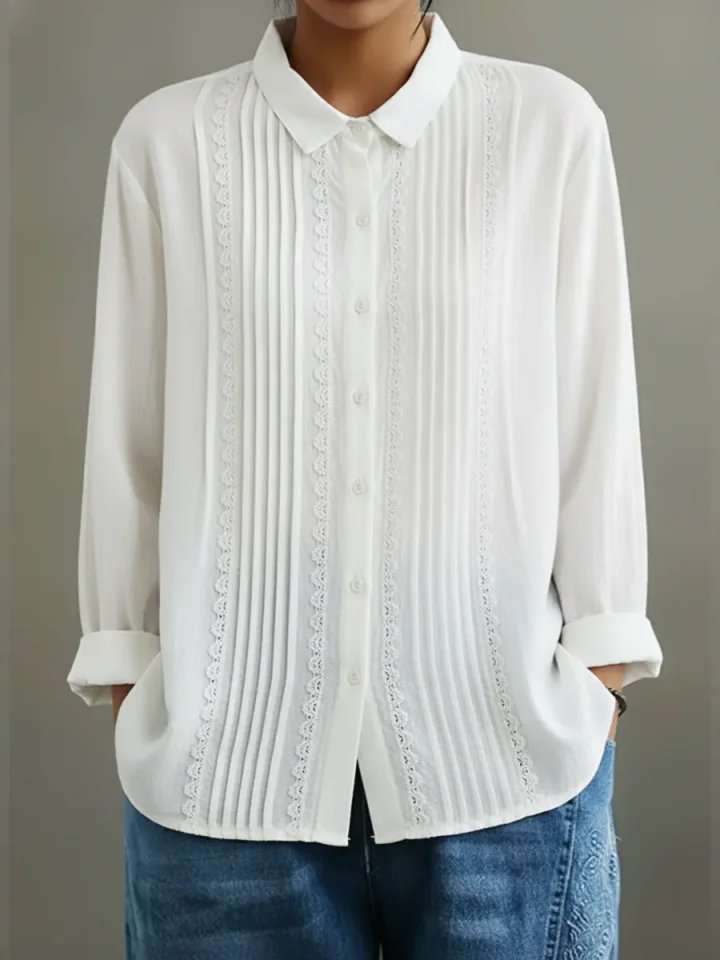 Dames Geplooide Kanten Blouse met Lange Mouwen