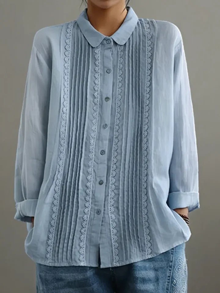 Dames Geplooide Kanten Blouse met Lange Mouwen - Light Blue