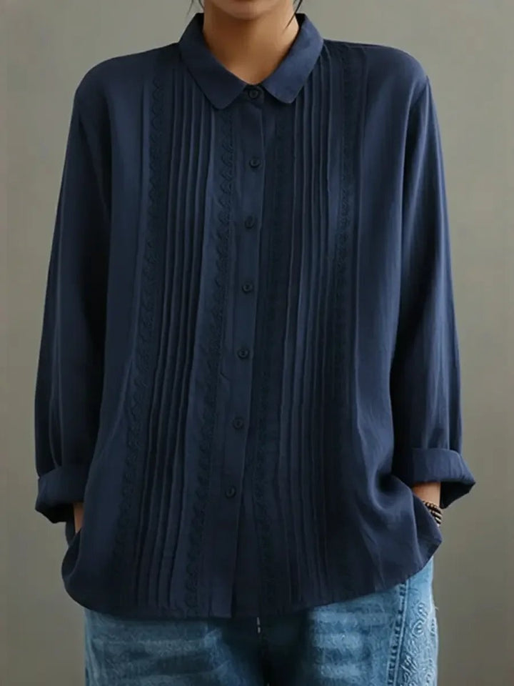 Dames Geplooide Kanten Blouse met Lange Mouwen - Blue