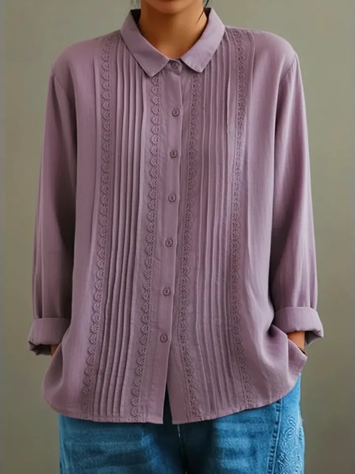 Dames Geplooide Kanten Blouse met Lange Mouwen - Purple