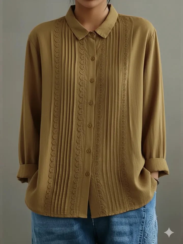 Dames Geplooide Kanten Blouse met Lange Mouwen - Beige