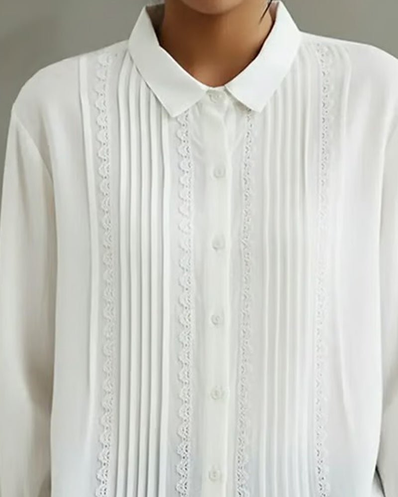 Dames Geplooide Kanten Blouse met Lange Mouwen