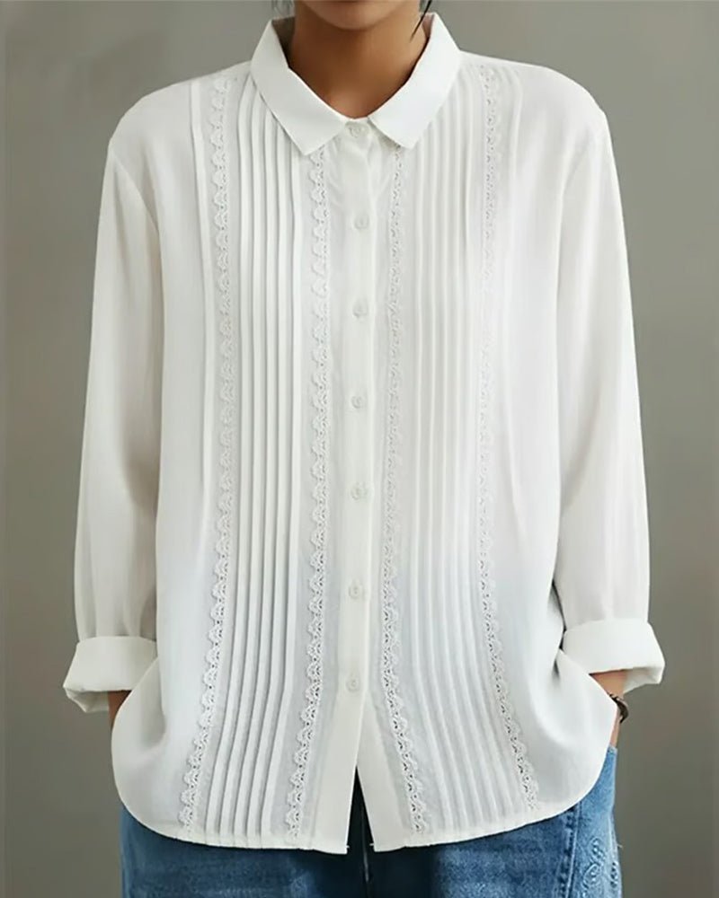 Dames Geplooide Kanten Blouse met Lange Mouwen - White
