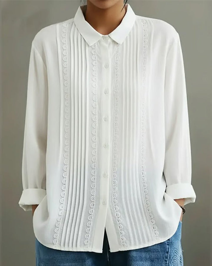Dames Geplooide Kanten Blouse met Lange Mouwen - White