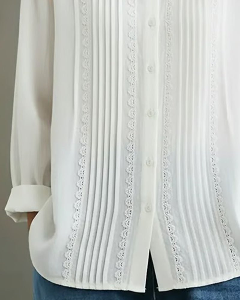 Dames Geplooide Kanten Blouse met Lange Mouwen