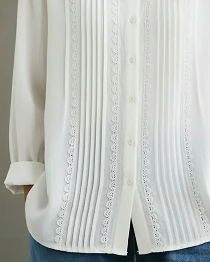 Dames Geplooide Kanten Blouse met Lange Mouwen