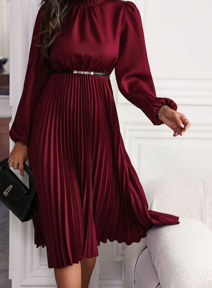 Dames Geplooide Lantaarnmouw Avondjurk Hoge Hals Midi - Bordeaux
