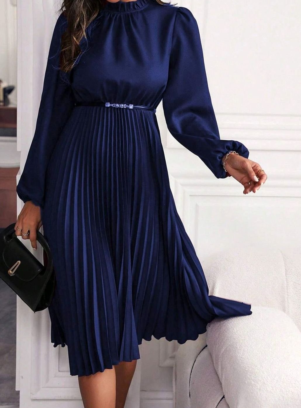 Dames Geplooide Lantaarnmouw Avondjurk Hoge Hals Midi - Donkerblauw