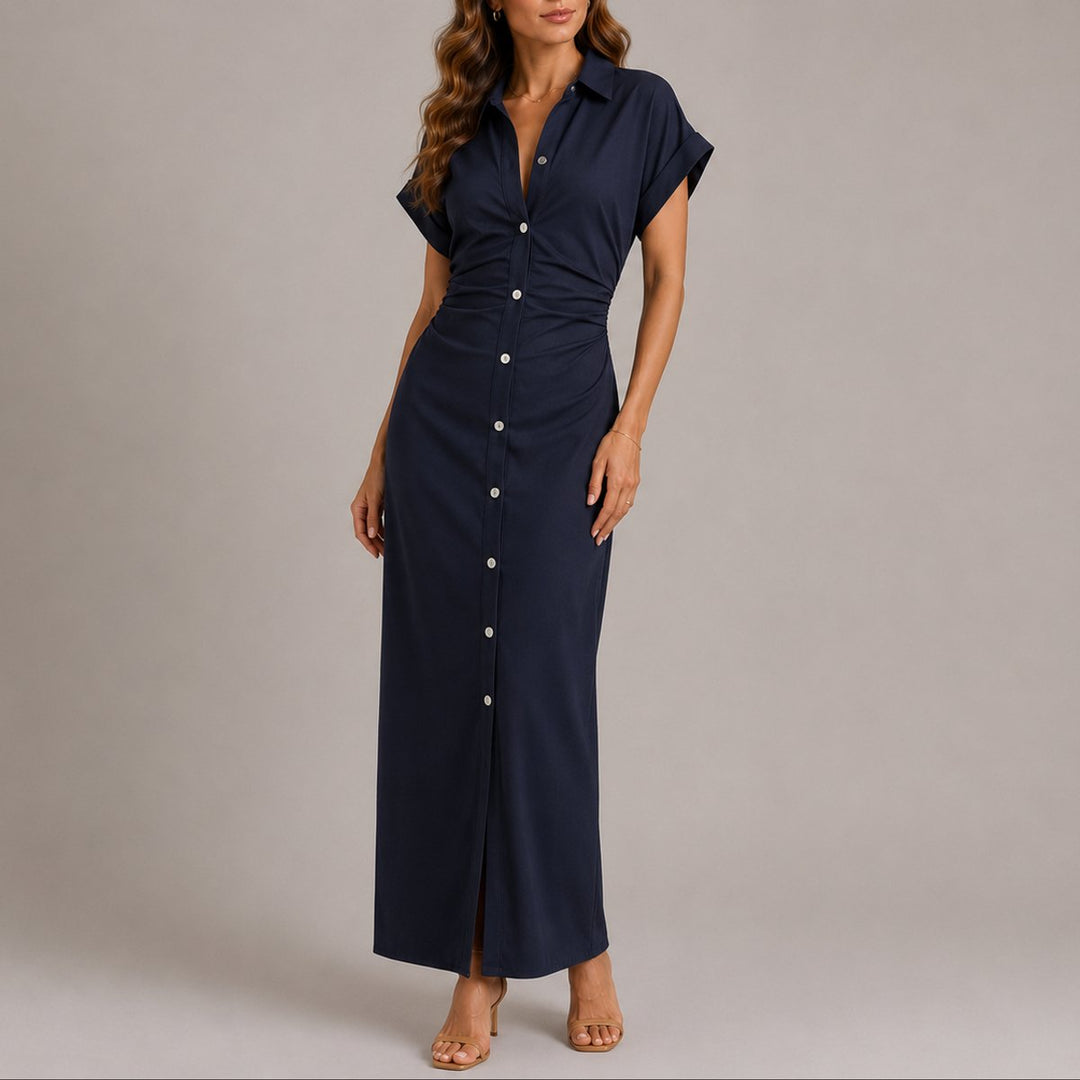 Dames Geplooide Maxi Blousejurk Herfstbruiloft Gast Jurk - Marineblauw