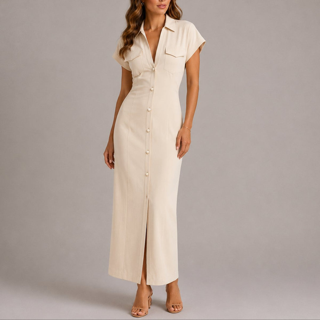 Dames Geplooide Maxi Blousejurk Herfstbruiloft Gast Jurk - Beige