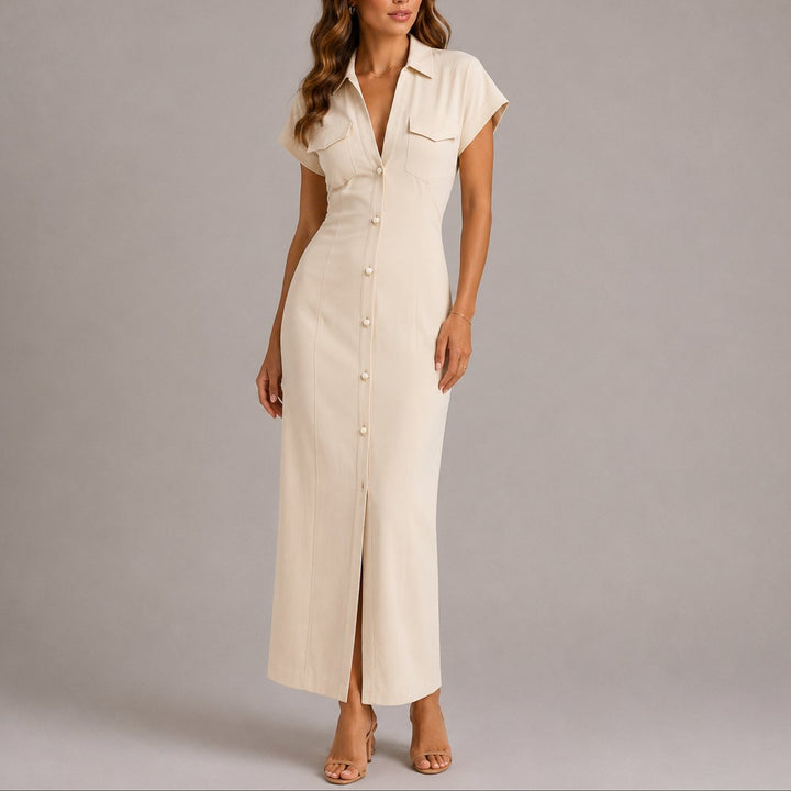 Dames Geplooide Maxi Blousejurk Herfstbruiloft Gast Jurk - Beige