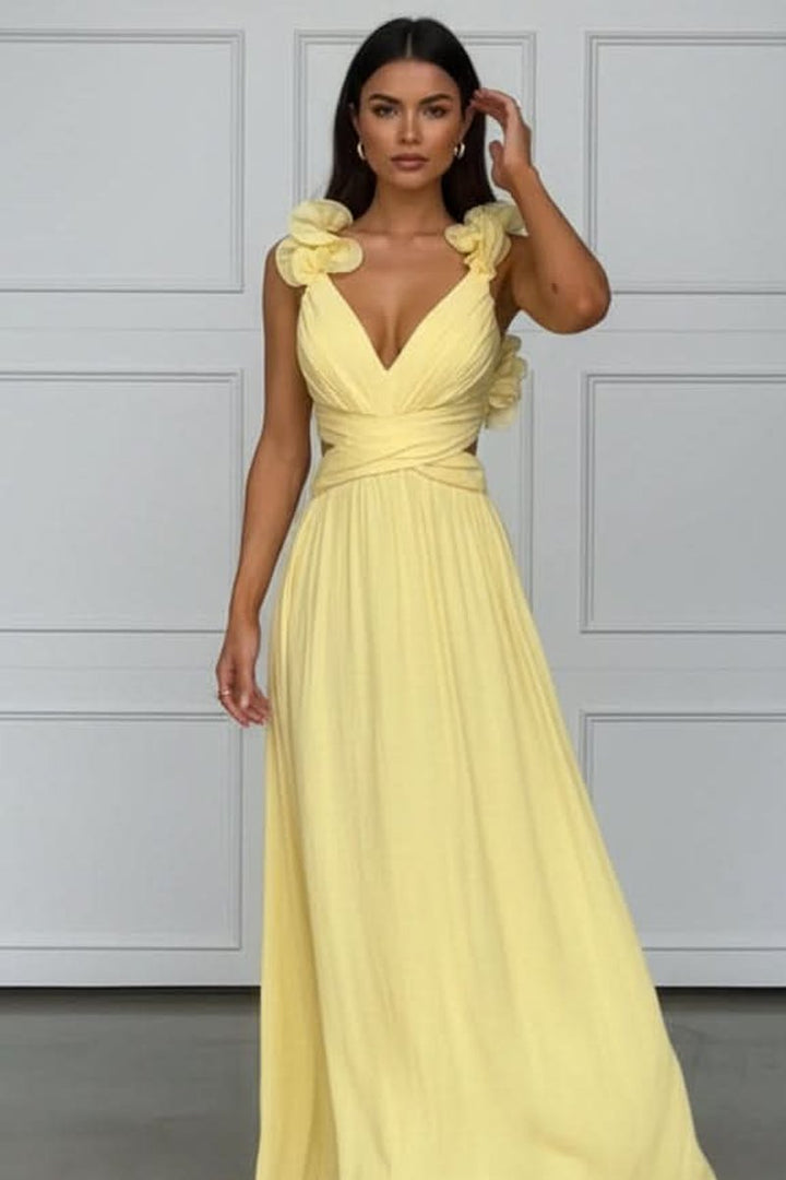 Dames Geplooide Mouwloze A-lijn Avondjurk Bloem Applicatie - Bright Yellow