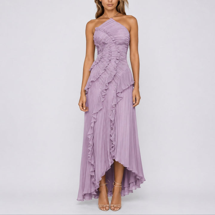 Dames Geplooide Ruffle Halter Maxi Jurk voor Bruiloften - Paars