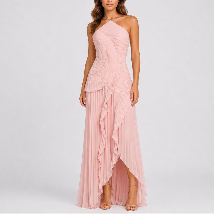 Dames Geplooide Ruffle Halter Maxi Jurk voor Bruiloften - Roze