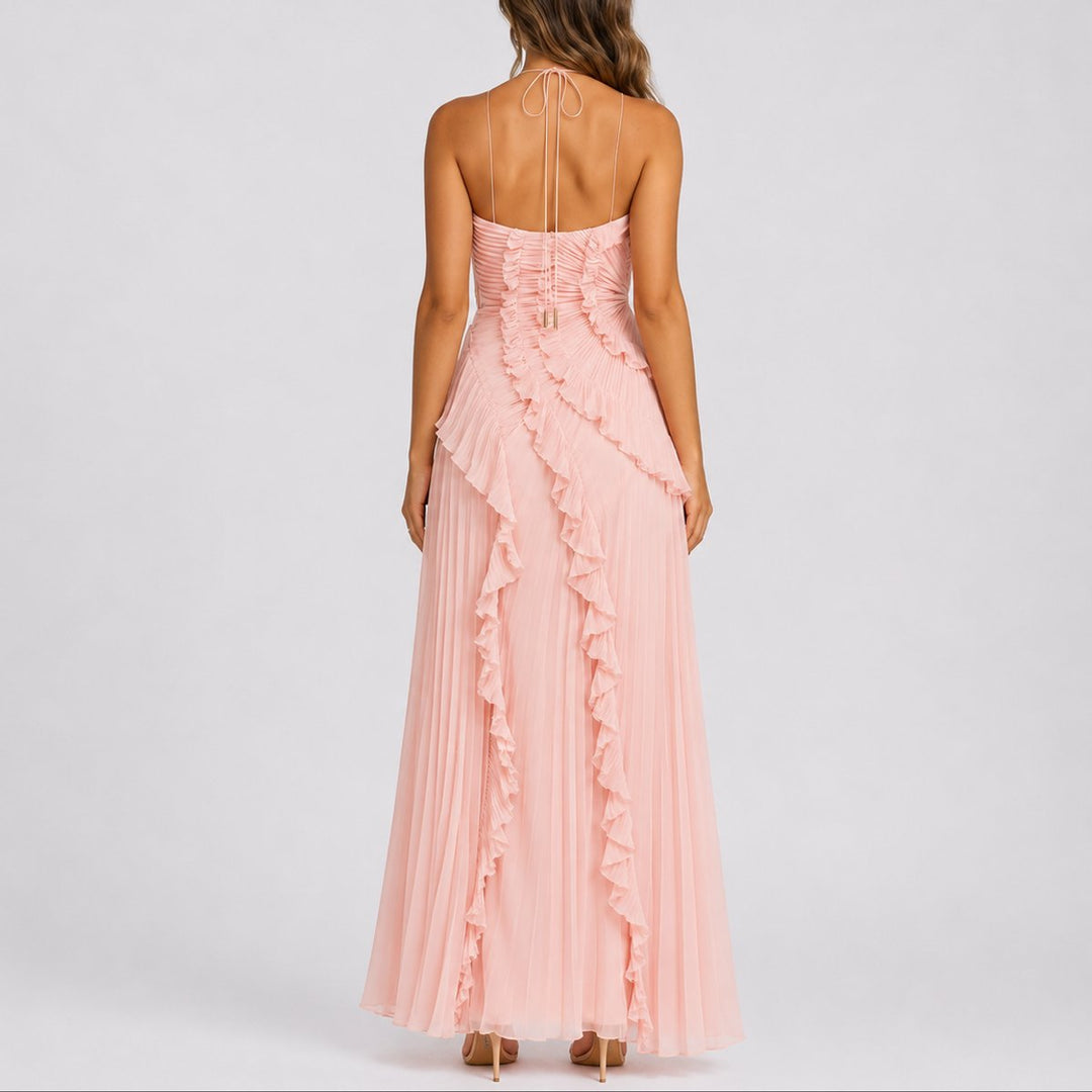 Dames Geplooide Ruffle Halter Maxi Jurk voor Bruiloften