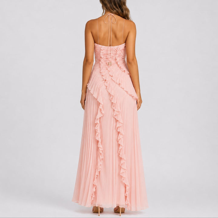 Dames Geplooide Ruffle Halter Maxi Jurk voor Bruiloften