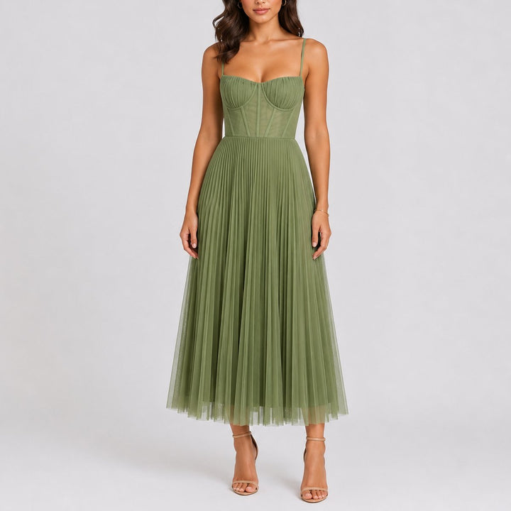 Dames Geplooide Tule Maxi Jurk Bruiloft Herfst Corset Bustier - Groen