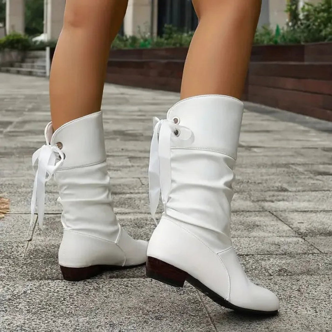 Dames Geplooide Vetersluiting Kuithoge Ankle Boots Blokhak