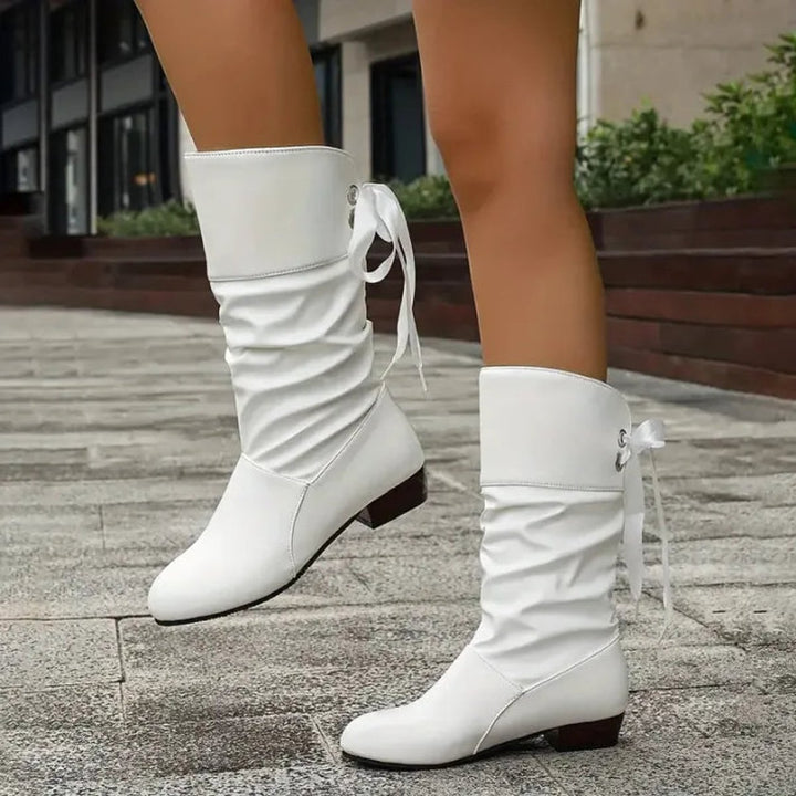 Dames Geplooide Vetersluiting Kuithoge Ankle Boots Blokhak