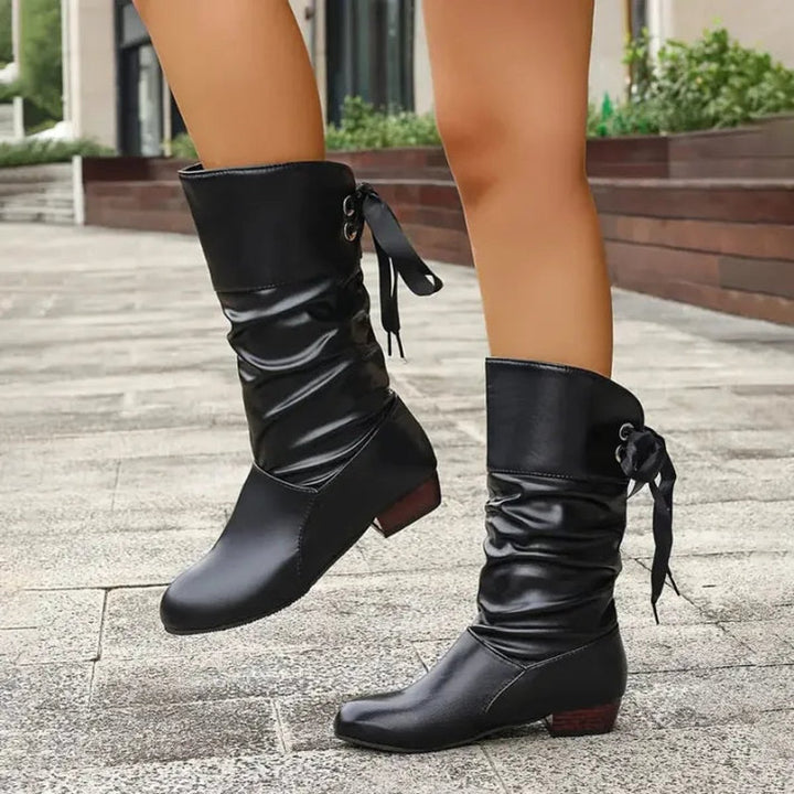 Dames Geplooide Vetersluiting Kuithoge Ankle Boots Blokhak