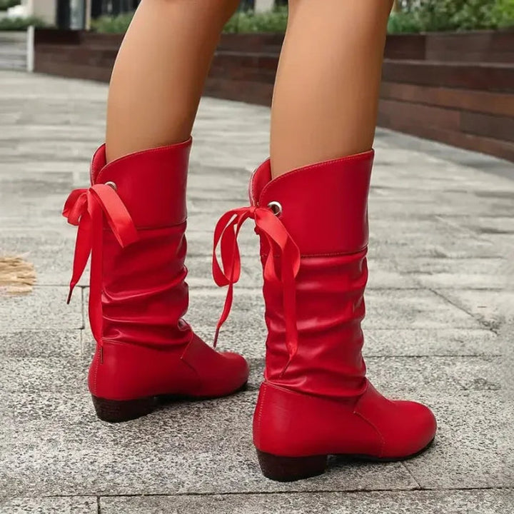Dames Geplooide Vetersluiting Kuithoge Ankle Boots Blokhak