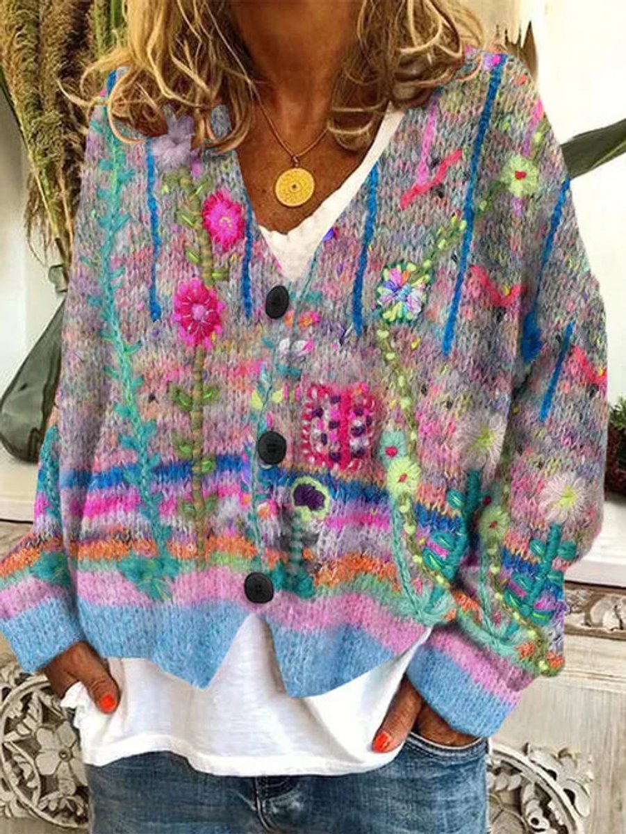 Dames Geprinte Retro Knoop Cardigan Veelkleurig Bloemen - Grijs