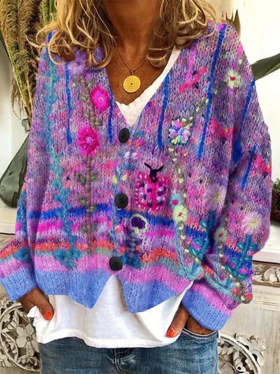 Dames Geprinte Retro Knoop Cardigan Veelkleurig Bloemen