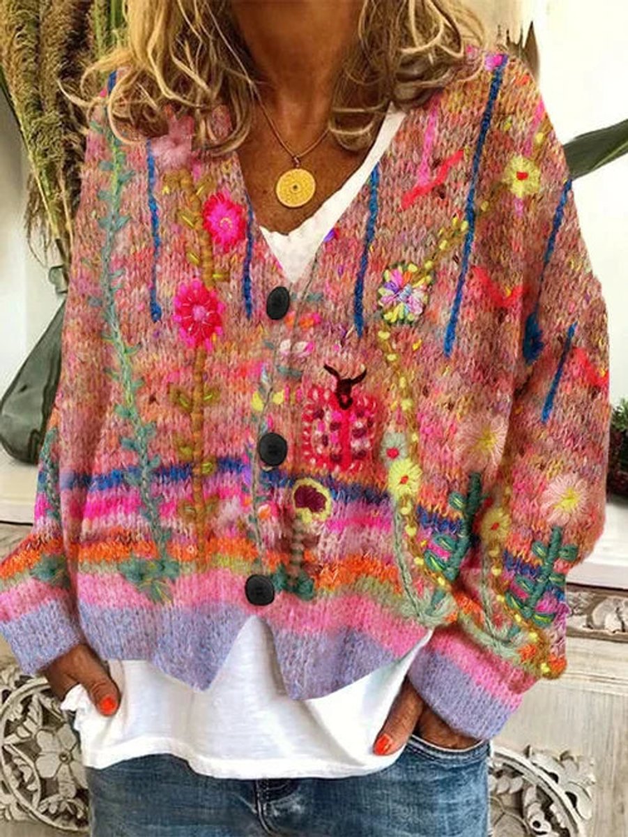 Dames Geprinte Retro Knoop Cardigan Veelkleurig Bloemen - Oranje