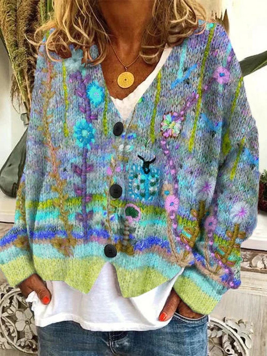 Dames Geprinte Retro Knoop Cardigan Veelkleurig Bloemen - Blauw