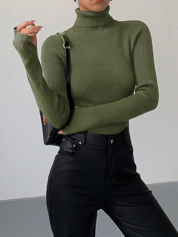 Dames Geribbelde Coltrui Lichtgewicht Lente Sweater - Green